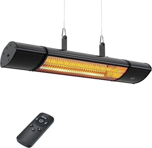 Electric Hanging Patio Heater with remote control, built in Temperature Control, Wall mounted or ceiling mounted, Suit for Outdoor, 1500W, Black
