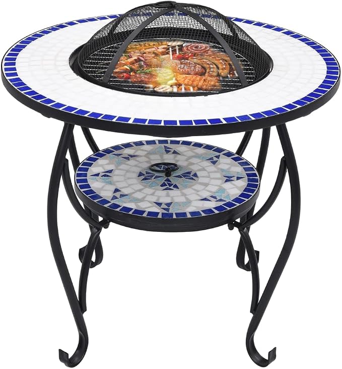 Mosaic Fire Pit Table, Outdoor Patio Wood Burning Fireplace, 26.8" Ceramic Top with Grill, Poker, and Safety Lid for Backyard Heating - Image 3