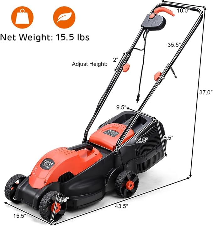 13-Inch Electric Lawn Mower 8 Gal Grass Collection Box 3 Adjustable Cutting Heights Lightweight 15.5LBS Push Mower for Garden (Red) - Image 2