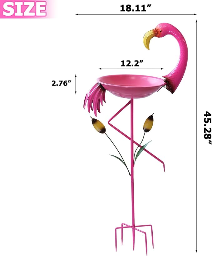 12.2”D * 45.3”H Flamingo Bird Bath, Metal Bird Baths for Outdoor, Bird Feeder with 5 Prongs Stake for Outside Garden Yard Decor