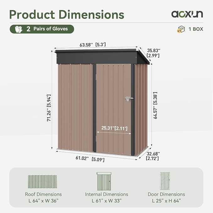 Aoxun 5’ x 2.9’ Shed Outdoor Storage Shed with Lockable Doors & Slooping Roof Metal Garden Tool Shed for Backyard, Patio, Poolside (Brown) - Image 2