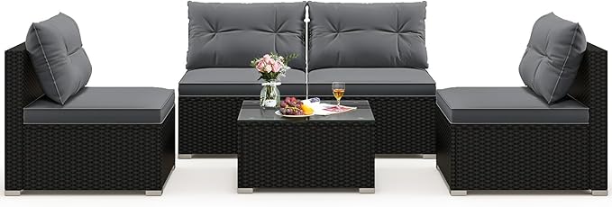 Tangkula 5 Piece Rattan Sofa Set, Outdoor Wicker Furniture Set w/Seat & Back Cushions, Square Coffee Table, Patio Sectional Sofa Set for Backyard, Poolside, Garden (Grey)