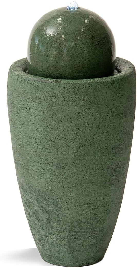 XBrand 26" Modern Sphere Water Fountain with LED Light – Indoor Outdoor Stone Texture Floor Fountain, Zen Bubbling Ball Water Feature for Garden Patio Porch - Green