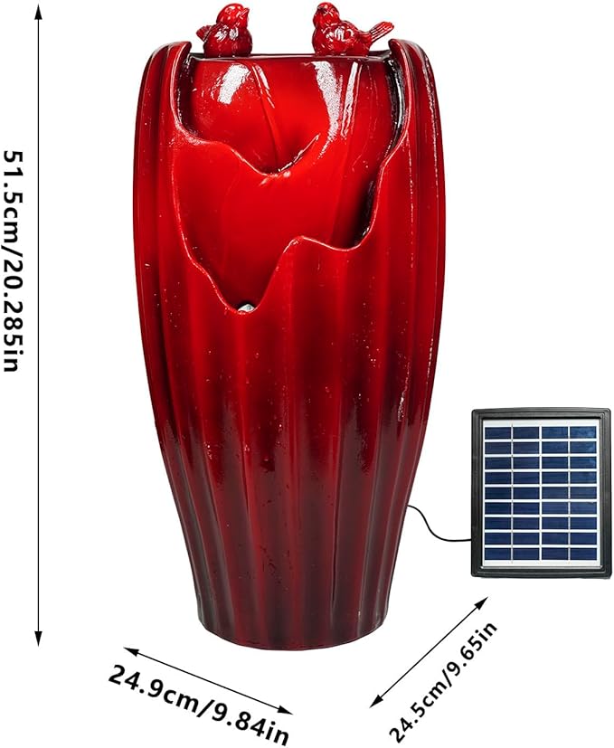 Ferrisland Solar Powered Water Fountain with LED Lights, 20" H Resin Red Vase Outdoor Freestanding Fountain with Pump, Bird Water Fountain & Water Falls for Outside Garden & Backyard Decking Décor