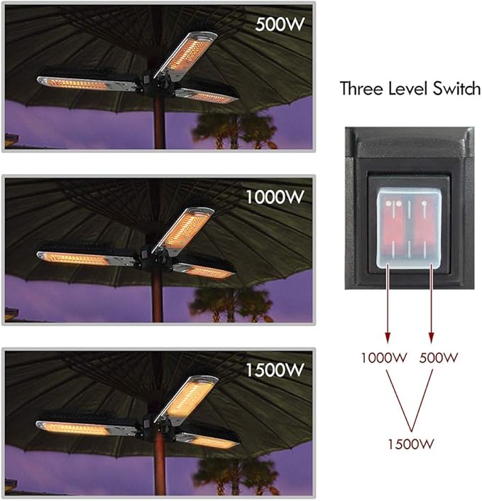 Skypatio Electic Parasol Patio Heater, Folding Electric Outdoor Umbrella Space Heater,3 infrared Heating Lamps for Pergola or Gazebo, 1500W,Black