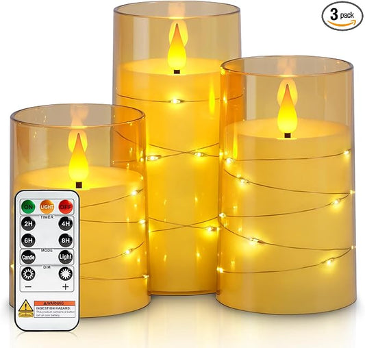 Homemory Flameless Candles with Embedded Star String Fairy Lights, Battery Operated Candles, LED Candle, Fake Candles with Remote Control and Timer, Gold, Set of 3(H 4" 5" 6?€?)
