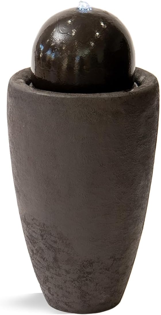 XBrand 25.98" H Black Round Stone Indoor/Outdoor Modern Sphere Water Fountain with LED Lights – Ball Bubbling Fountain Décor for Garden, Patio, or Tabletop