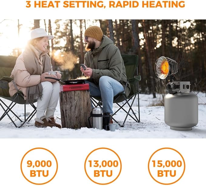 CAMPLUX Tank Top Propane Outdoor Heater 15,000 BTU, Single Burner Radiant Outdoor Heater with Tip-Over, 3 Adjustable Heat Modes with CSA Valve & Regulator for Garage, Camping, Hunting, Fishing, Patio