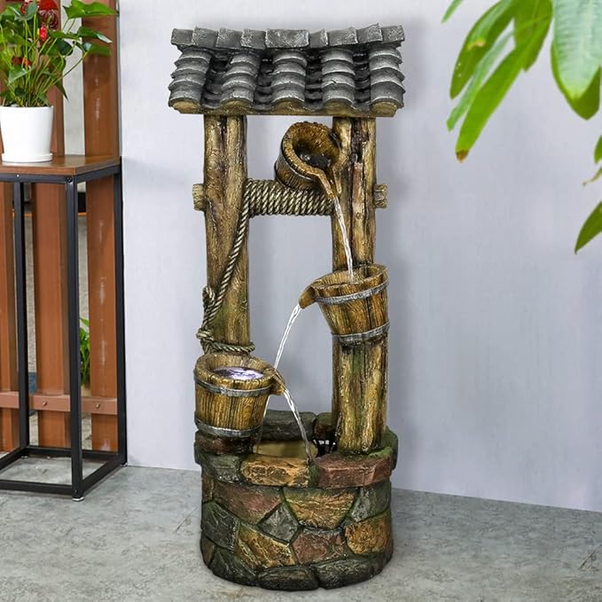 Wishing Well Water Fountain, 39.3inches Rustic Outdoor Water Fountains - Outdoor Cascading Waterfall with Buckets, Pump & Lights for Backyard Patio Decor