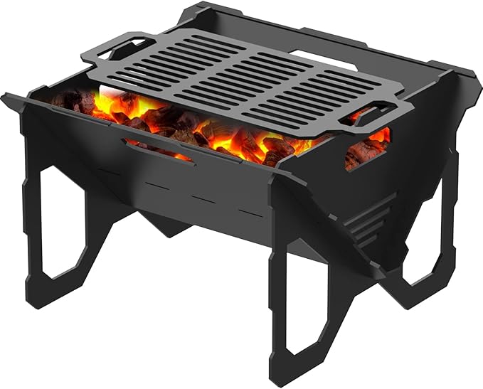 20 inch Fire Pit, Outdoor Portable Firepit with BBQ Tray, Detachable Camping Steel Fire Pits for Backyard, Patio, Picnic, Bonfire, Garden (Black-Large) by ADREAK