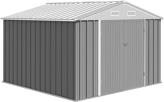 10X12FT Outdoor Metal Storage Shed, Lockable Weatherproof Garden Shed for Tools & Equipment, Durable Galvanized Steel with Sloping Roof & Ventilation, Ideal for Backyard, Patio & Garage Storage, Gray by BouPower