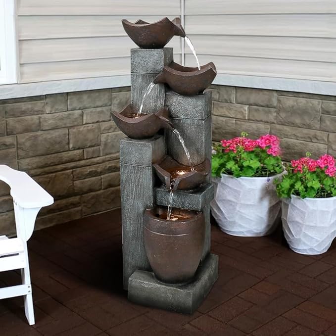 SunJet 5-Tier Modern Water Fountain, Outdoor/Indoor Resin Water Fountains with Soothing Water Sounds & Warm LED Light, Perfect for Garden, Patio, Home & Office, 13.7" L x 13.3" W x 39.7" H