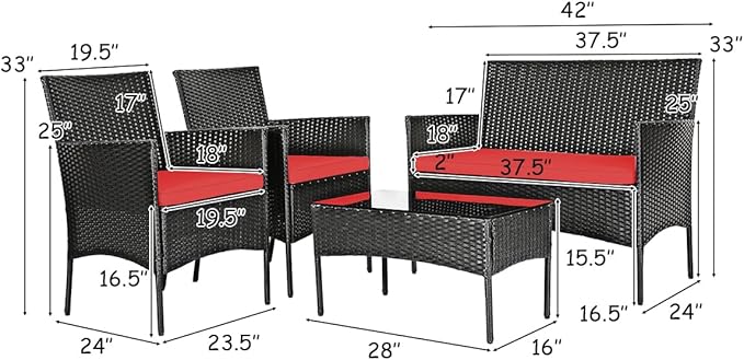 4 Pieces Patio Furniture Set, Outdoor Conversation Set with Ergonomic Curved Backrest, Patio Chair Set with Water-Resistant Cushion & Tempered Glass Table for Balcony,Porch,Poolside (Red)