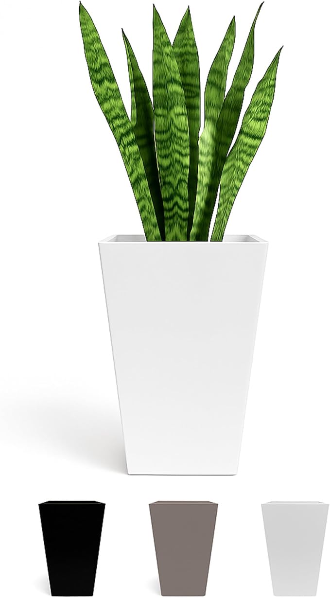 Bloem Tall Finley Tapered Square Planter: 20" - Casper White - Matte Textured Finish, 100% Recycled Plastic Pot, for Indoor and Outdoor Use, Gardening, 5 Gallon Capacity