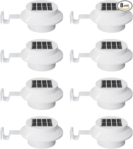 8 Pack White Solar Powered Gutter Lights Outdoor Decorative Waterproof Led Fence Lamp for Lighting Railing, Outside Wall, Deck, Garden, Path, Backyard, Sidewalk, Yard, Patio, No Drilling Installation
