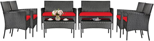 8 Pieces Patio Furniture Set, Outdoor Conversation Set with Ergonomic Curved Backrest, Patio Chair Set with Water-Resistant Cushion & Tempered Glass Table for Balcony,Porch,Poolside(Red)