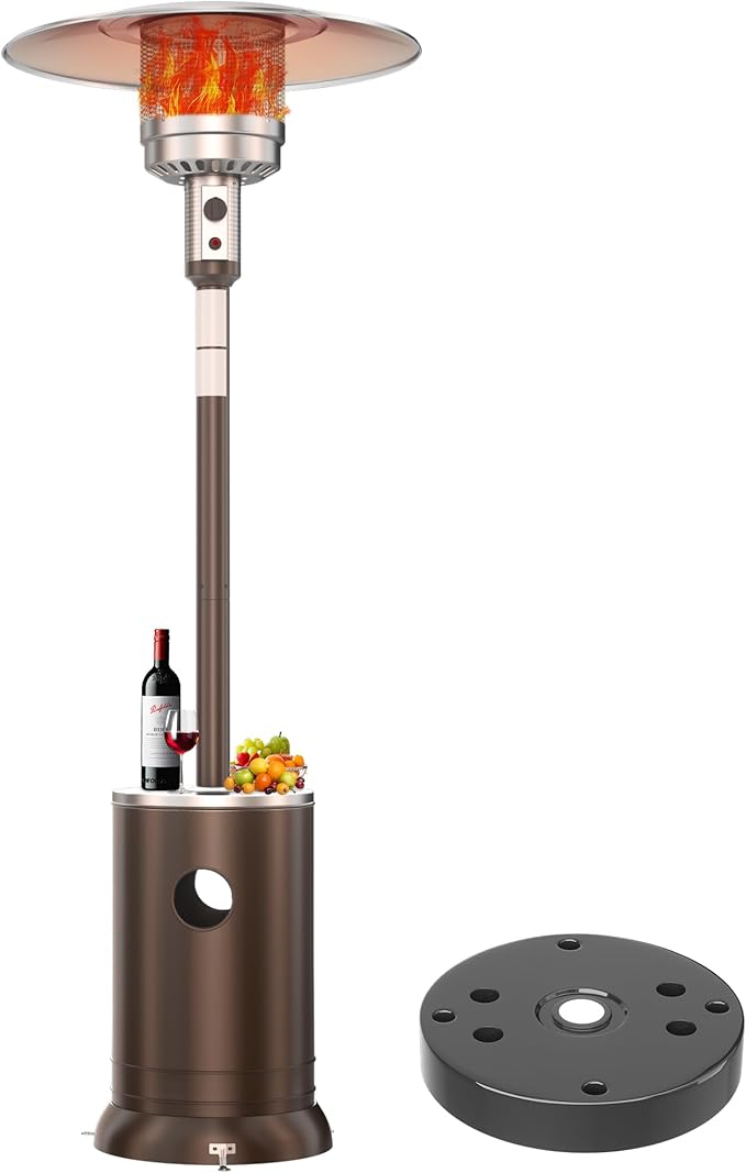 50,000 BTU Patio Heater - Propane Patio Heater with Sand Box, Double-Layer Stainless Steel Burner, Round Table Design Space Heater, Outdoor Heaters with Wheels for Garden and Patio, Brown