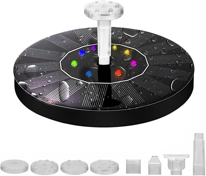 Solar Powered Fountain Pump for Bird Bath, Garden, Pond & Outdoor Decor - 7 Nozzles, 4 Fixers, Colorful LED Lights, Upgraded Glass Panel, Small Water Fountain for Fish Tank & Swimming Pool