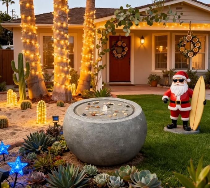 Garden Water Fountain Outdoor - Indoor Large Round Bubbler Water Feature with Lights & Pump and Concrete Effect for Patio Pool Pond Yard Home Decor Gray, 25 "L X 25" W X 17.5" H