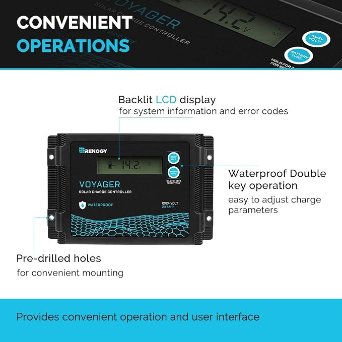 Renogy Voyager 20A 12V/24V PWM Waterproof Solar Charge Controller w/ LCD Display for AGM, Gel, Flooded and Lithium Battery, Used in RVs, Trailers, Boats, Yachts, Voyager 20A - Image 5