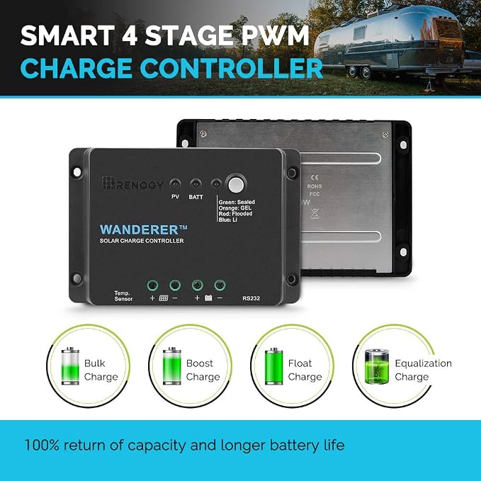 Renogy Wanderer Li 30A 12V PWM Negative Ground Solar Charge Controller Solar Panel Regulator w/ Temp Sensor Function Fit for Lithium, Sealed, Gel, and Flooded Batteries, Wanderer Li 30A - Image 2