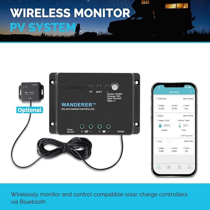 Renogy Wanderer Li 30A 12V PWM Negative Ground Solar Charge Controller Solar Panel Regulator w/ Temp Sensor Function Fit for Lithium, Sealed, Gel, and Flooded Batteries, Wanderer Li 30A - Image 6