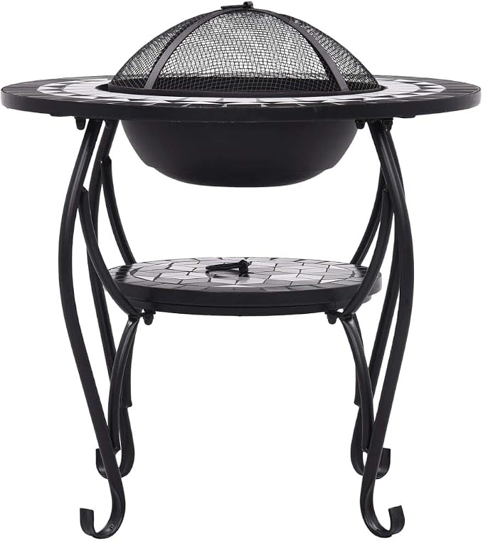 Mosaic Fire Pit Table, Outdoor Patio Wood Burning Fireplace, 26.8" Black and White Ceramic Grill Stand for Backyard - Image 5