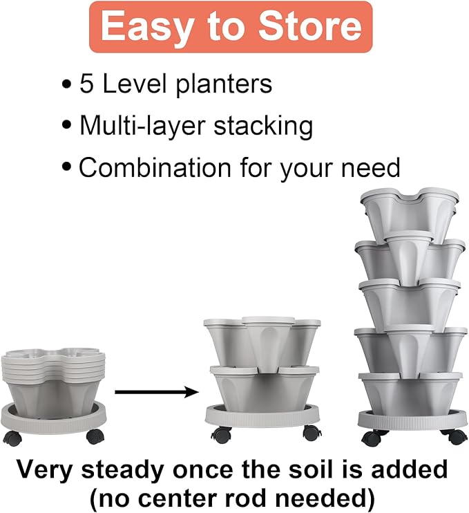GameXcel Vertical Planter Tower - 5 Tier Stackable Garden Planters with Wheels and Tools Plant Pots for Strawberry Herb Flower and Vegetable Indoor Outdoor Use Gray