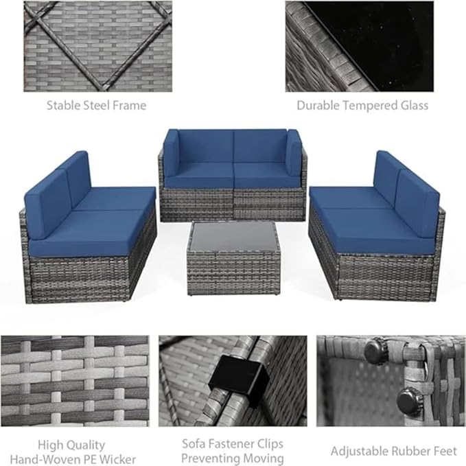 U-MAX 7 Piece Outdoor Patio Furniture Set with 43 Inch Fire Pit Table, PE Rattan Wicker Sofa Set, Outdoor Sectional Furniture Chair Set with Cushions and Tea Table, Grey Rattan&Dark Blue Cushion