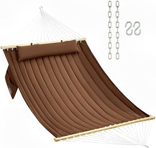 Double Quilted Fabric Hammock with Hardwood Spreader Bars and Pillow 450 LBS Capacity 2 Person Large Hammock for Outdoor Patio Backyard Poolside - Brown by CHULIM