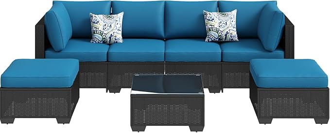 U-MAX 7 Piece Outdoor Patio Furniture Set, PE Rattan Outdoor Wicker Sectional Furniture Chair Set with Cushions and Tea Table, Black Rattan and Peacock Blue Cushion