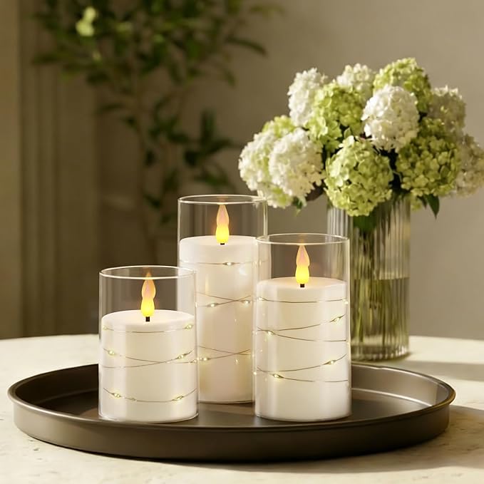 Homemory Flameless Candles with Embedded Star String Fairy Lights, Battery Operated Candles, LED Candle, Fake Candles with Remote Control and Timer, White, Set of 3(H 4" 5" 6?€?)