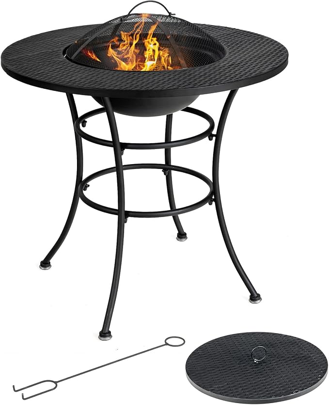 Giantex 4-In-1 Fire Pit Dining Table, 32" Fire Bowl for Outside, Wood Burning Fireplaces with Cover, Fire Poker, Grill Grate, Patio Dining Table for Camping, Picnic, Yard, Metal Round Outdoor Fire Pit - Image 9