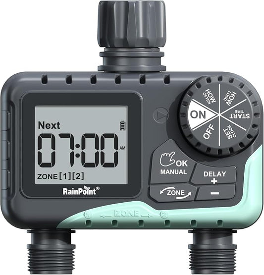 RAINPOINT Water Timer for Garden Hose - 2 Zone Sprinkler Timer with Rain Delay/Manual Watering/Automatic Irrigation for Yard Lawn by RainPoint