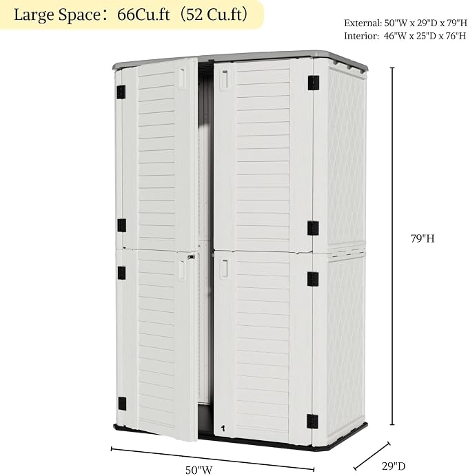 ZZM Large 67 Cu.ft Waterproof Storage Shed, Outdoor Storage Cabinet，Durable Resin Sheds for Patio Furniture, Garden Tools, Pool Accessories, Mower Storage (White) - Image 4