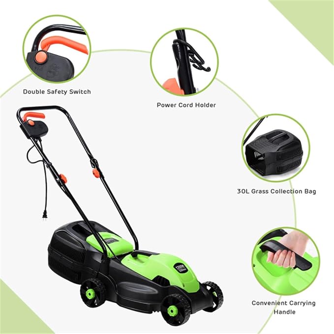13-Inch Electric Lawn Mower 8 Gal Grass Collection Box 3 Adjustable Cutting Heights Lightweight 15.5LBS Push Mower for Garden (Green) - Image 7