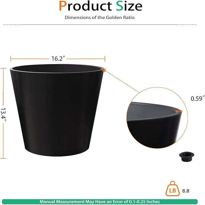 Wide Planters for Outdoor Plants, Extra Large Indoor Flower Pots for Garden, Front Porch, Patio - Round Resin Planter Set of 2 (Black, 16" D x 13" H)