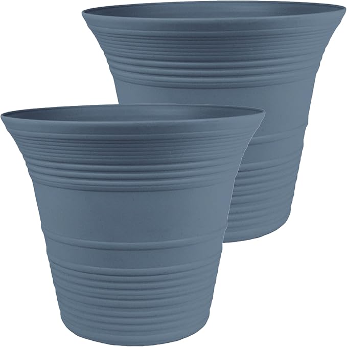 The HC Companies 14 Inch Sedona Round Self Watering Planter Pots, Lightweight UV-Resistant Plastic Indoor & Outdoor Planters, 2-Pack Flower Pots for Garden & Home Decor, Slate Blue