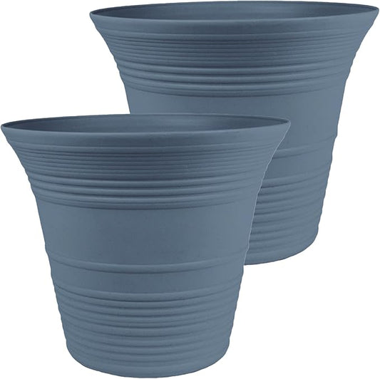 The HC Companies 14 Inch Sedona Round Self Watering Planter Pots, Lightweight UV-Resistant Plastic Indoor & Outdoor Planters, 2-Pack Flower Pots for Garden & Home Decor, Slate Blue