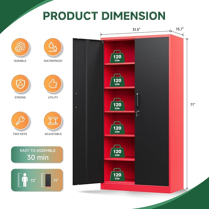 Letaya Metal Garage Storage Cabinets with Lock, 71" Tall Locker Organizer Steel Tool Cabinets,5 Adjustable Shelves 2 Doors for Home Office, Warehouse,Garage,Industrial,Employee (Black Red) - Image 3