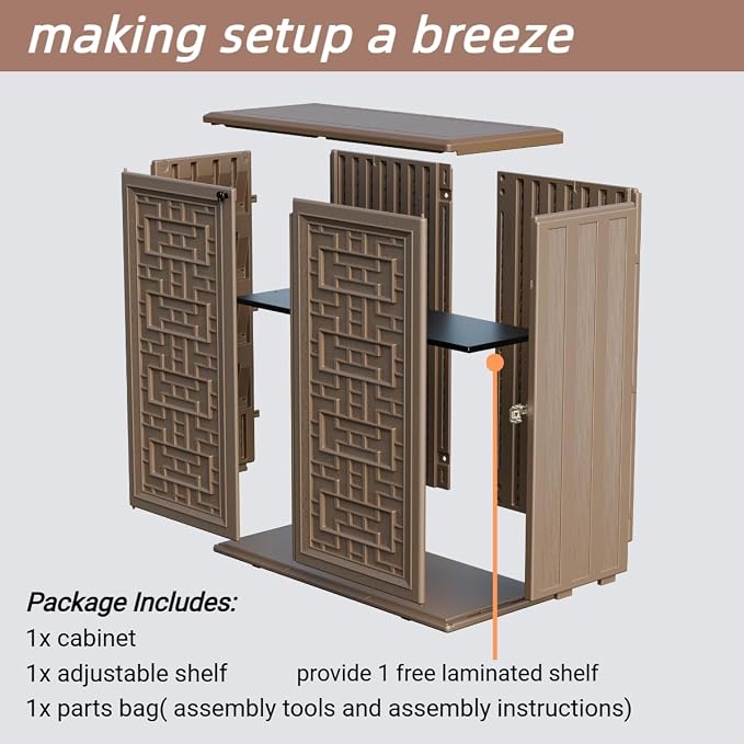 ZZM HDPE Outdoor Storage Shed, Outdoor Plastic Storage Cabinet, Horizontal Resin Tool Shed for Garden, All Weather Outdoor Storage Clearance, DIY Usage, with one Shelf (Coffee) - Image 7