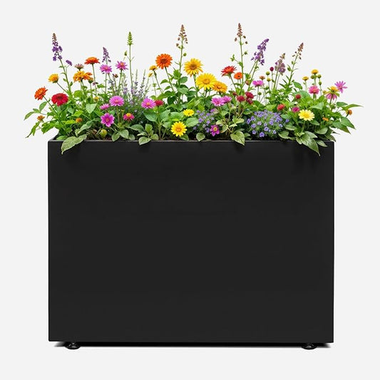 IDZO 35.4" W x 25.6" H Metal Planter Box, Privacy Trough for Patio, Rectangle Container for Outdoor Plants, Tall Large Rectangular Steel Bed for Outdoor Greens with Drainage Holes & Adjustable Feet