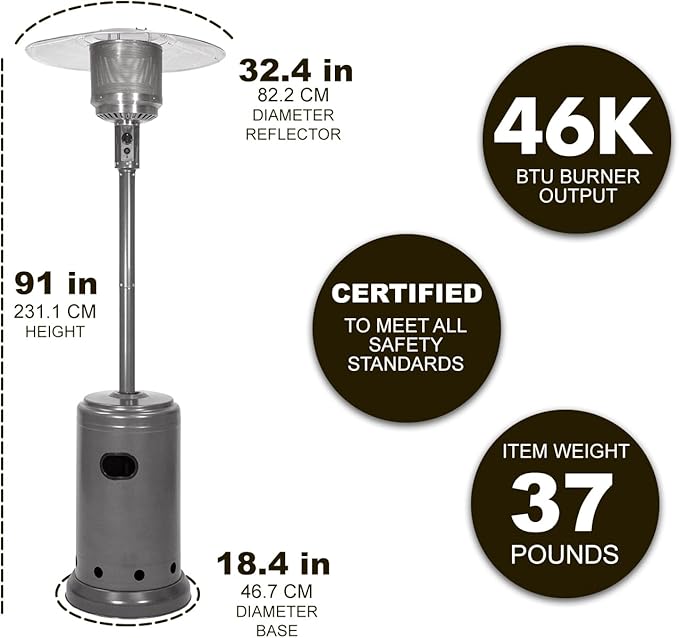 Amazon Basics 46,000 BTU Portable Outdoor Propane Patio Heater with Wheels, Commercial & Residential with Water Tank, Adjustable Heat Output, 9-Foot Radius, Slate Gray, 32.1"L x 32.1"W x 91.3"H
