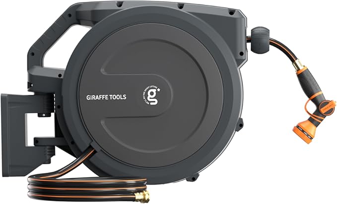 Giraffe Tools AW30 Wall Mounted 1/2" x 100 ft Garden Hose Reel, Retractable Water Hose Reel, Automatic Rewind & Lock at Any Length by GiraffeTools