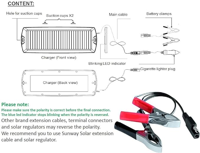 Sunway Solar Car Battery Trickle Charger & Maintainer 12V Solar Panel Power Battery Charger With Cigarette Lighter Plug Battery Clamp For Car Automotive Motorcycle Boat Marine Snowmobile Watercraft RV - Image 7