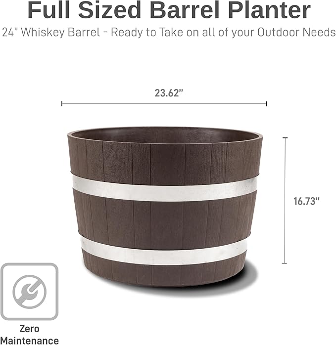 RTS Home Accents Better Barrel Heavy Duty 24” Planter with Rusting Steel Bands, Walnut Color