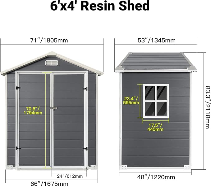 YOPTO 6x4 FT Plastic Storage Shed,Outdoor Storage Shed with Floor and Lockable Door,Waterproof Garden Shed W/Windows & Vents,Sloped Roof,Tool House for Storing Bicycles,Lawnmowers,Gray - Image 3