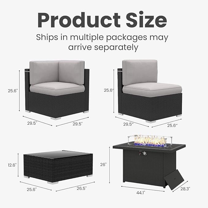 15 Pieces Patio Furniture Set with 44" Propane Gas Fire Pit Table, Outdoor Sectional Wicker Conversation Sofa Sets with Coffee Table