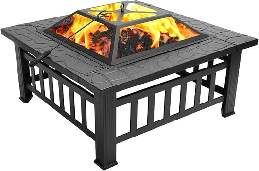 32in Outdoor Metal Firepit Square Table Backyard Patio Garden Stove Wood Burning Fire Pit with Spark Screen, Log Poker and Cover by Unknown
