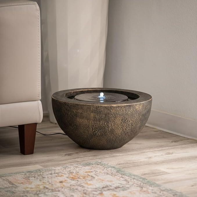 XBrand 19.8" W Round Sphere Water Fountain Indoor Outdoor with LED Light, Polyresin Bubbler Feature for Patio Garden Yard Home Décor, Bronze